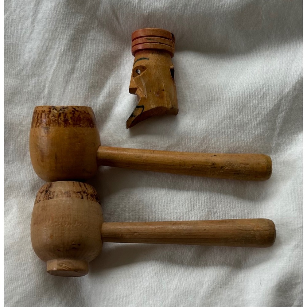 Vintage Wood pipes & Carved Head Nutcracker Folk Art Decor Set